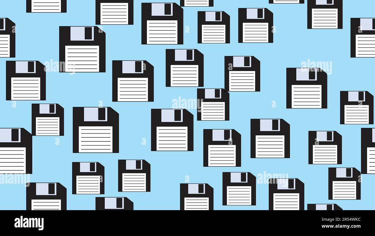 Seamless pattern endless computer with old retro vintage white hipster floppy disks from the 70s, 80s, 90s isolated on a blue background. Vector illus Stock Vector