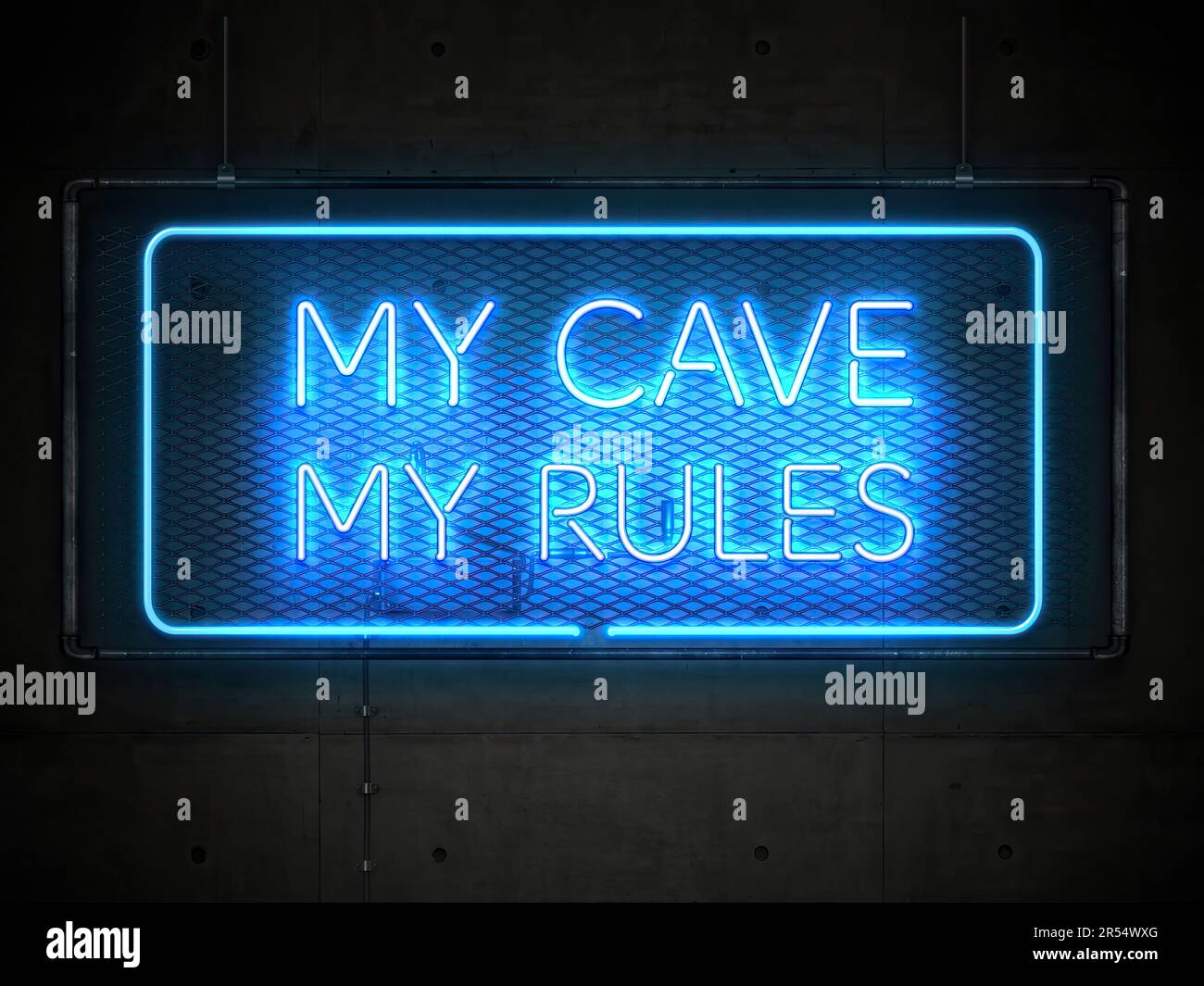 The Man Cave - My Cave My Rules Neon Sign Illustration on a dark background Stock Photo