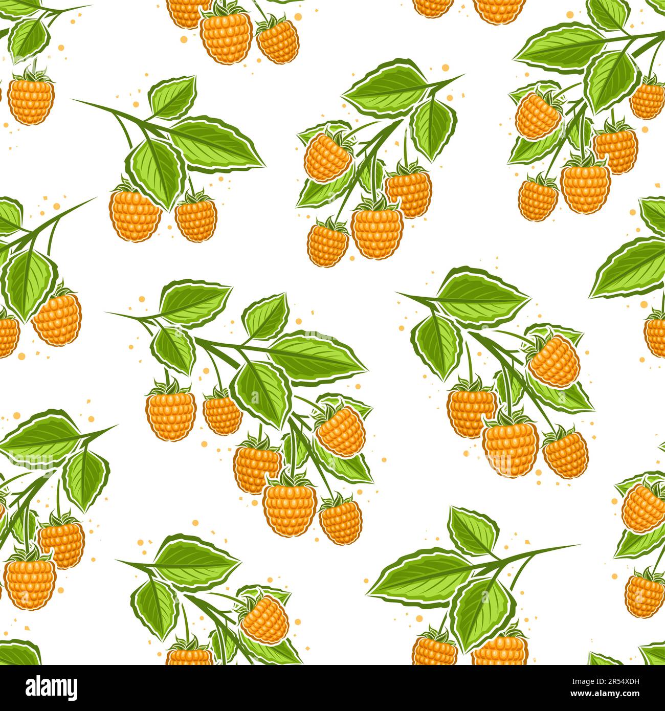 Vector Yellow Raspberry Branches seamless pattern, repeat background with illustration of raspberries still life composition for wrapping paper, colle Stock Vector