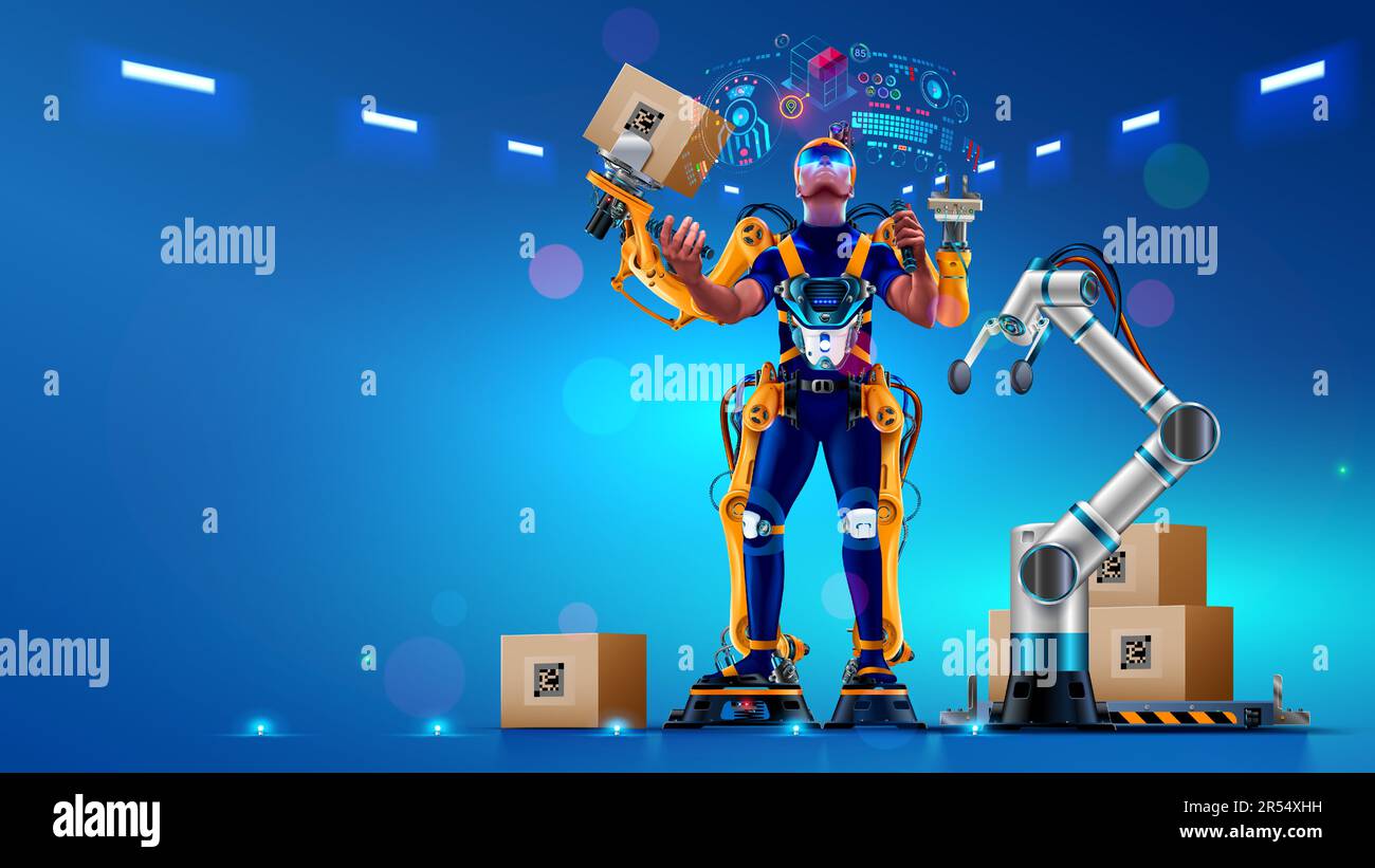 Engineer is working in futuristic bionic exoskeleton and picking up boxes on factory. Robotic exosuit on worker in warehouse. Sci-fi concept exoskelet Stock Vector