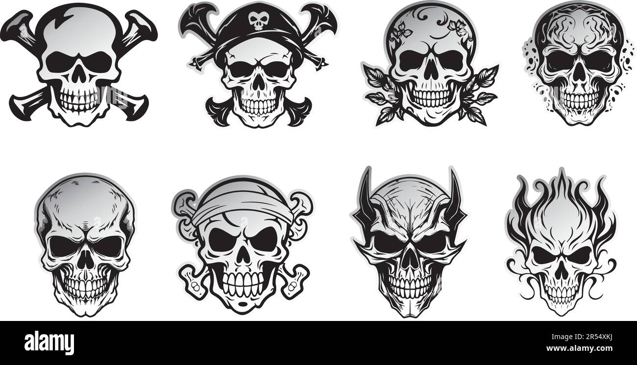 Skull illustration, vector. Different skull designs isolated on white background. Sticker design Stock Vector