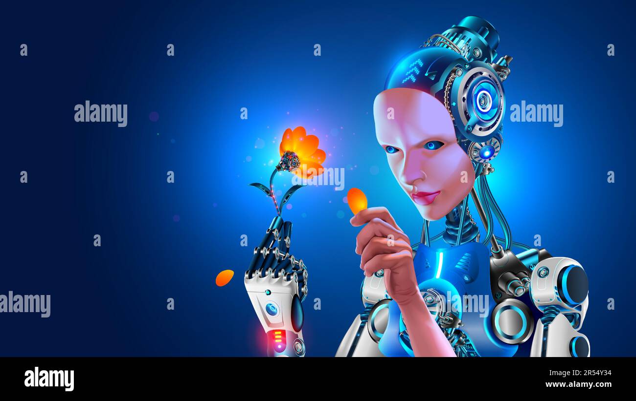 AI learns world. Artificial intelligence in humanoid head take in arm artificial robotic flower. Woman anthropomorphic cyborg or robot. Computer neura Stock Vector