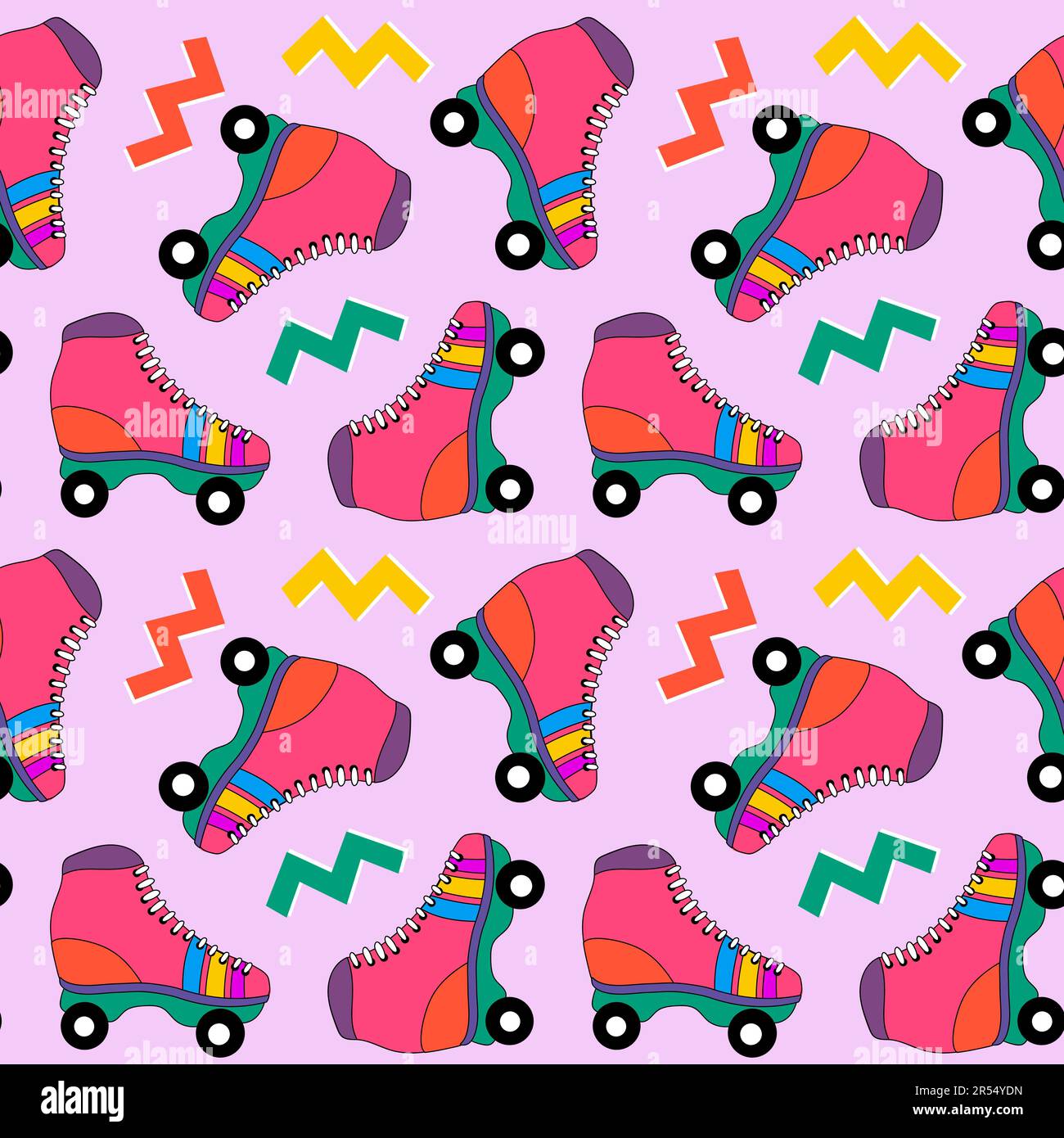 Seamless pattern with cute colorful retro roller skates. Vintage style