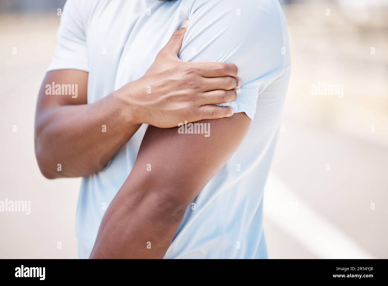Arm pain, sport injury and person with muscle, inflammation and