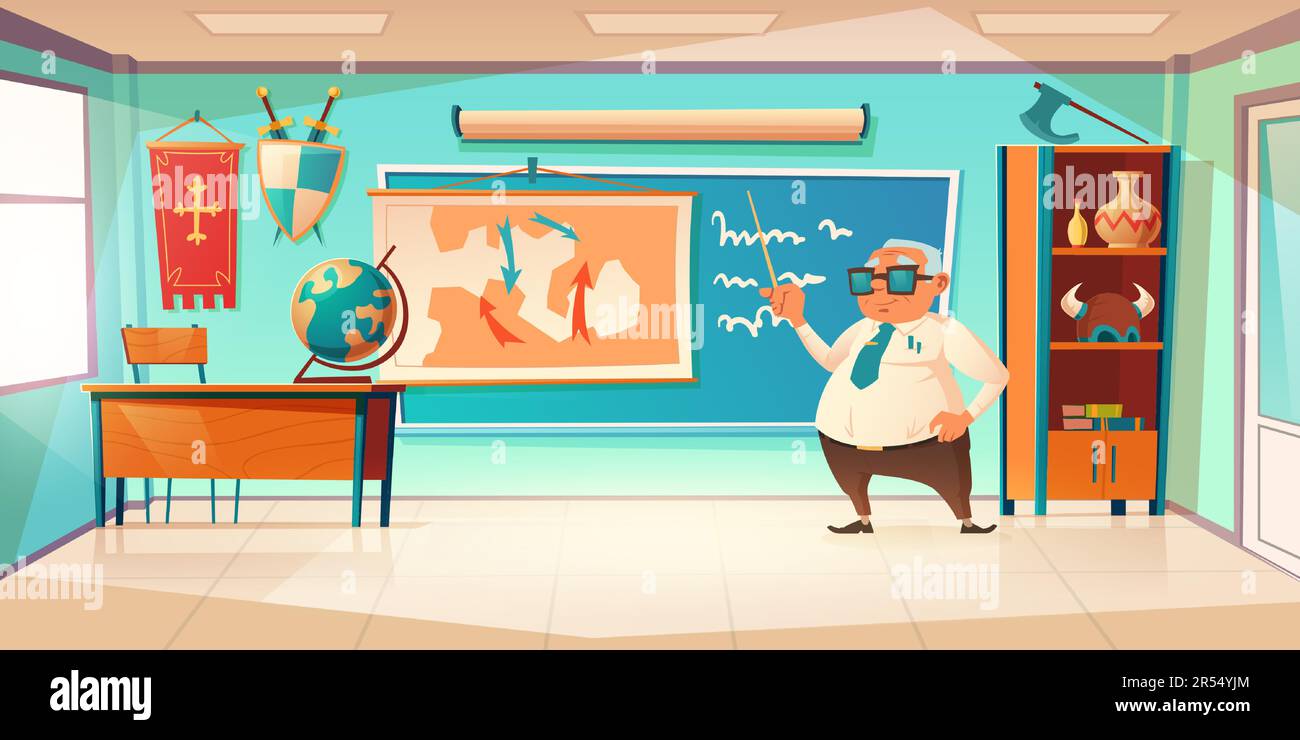 Classroom for history subject with old teacher. Vector cartoon illustration of school class interior with globe on desk, blackboard and historic map on wall Stock Vector