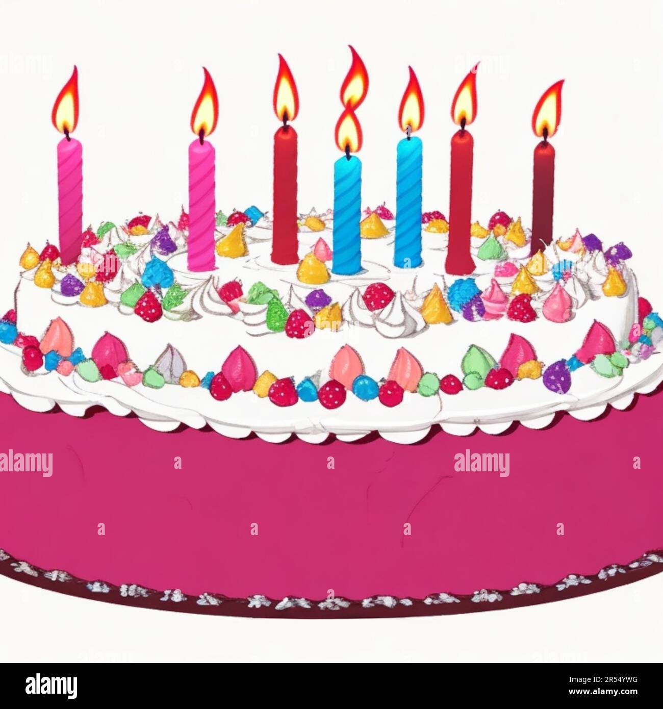 Happy birthday cake with candles, birthday flags, gifts, ribbons