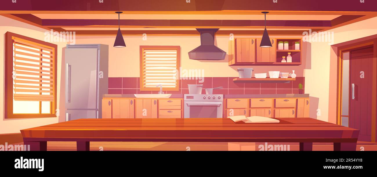 Rustic kitchen empty interior with wooden table, furniture and appliances. Oven, range hood, refrigerator and utensil. Cooking equipment in retro vintage style, jalousie. Cartoon vector illustration Stock Vector