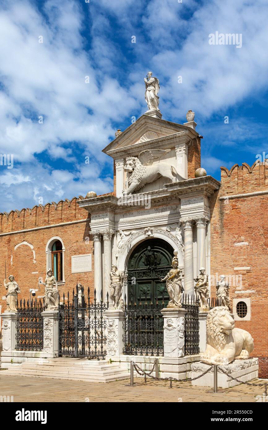 Portal Ingresso di Terra of the arsenal in Venice with statues Stock Photo