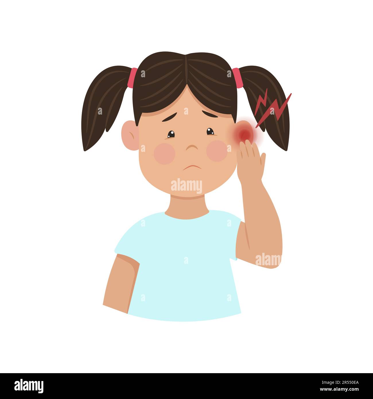 Pain in the ear. An upset girl is holding his ear. Childrens ear