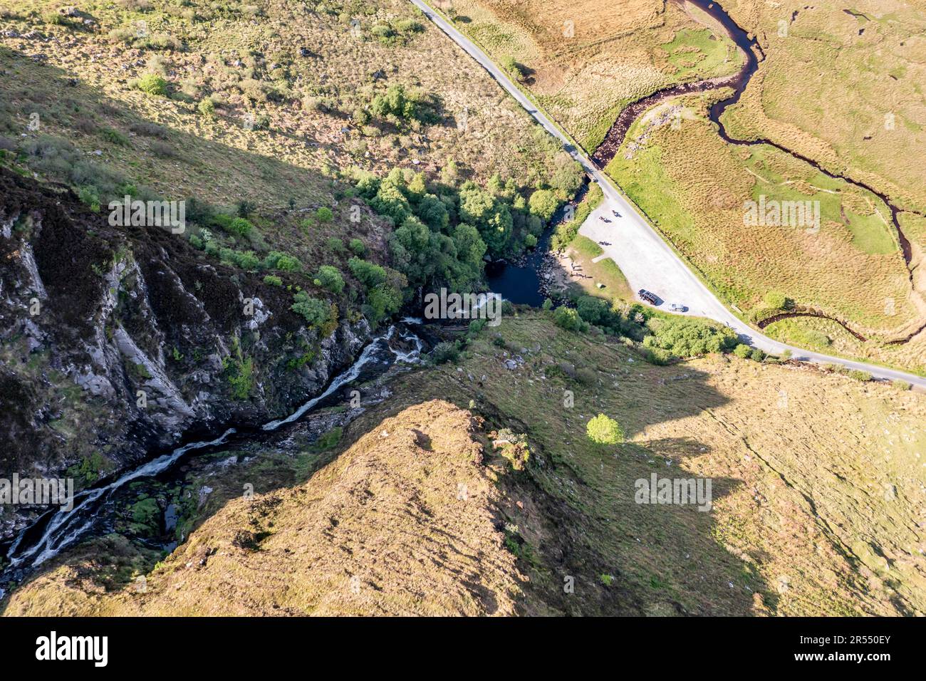 Aerial of Assaranca Waterfall in County Donegal - Ireland. Stock Photo