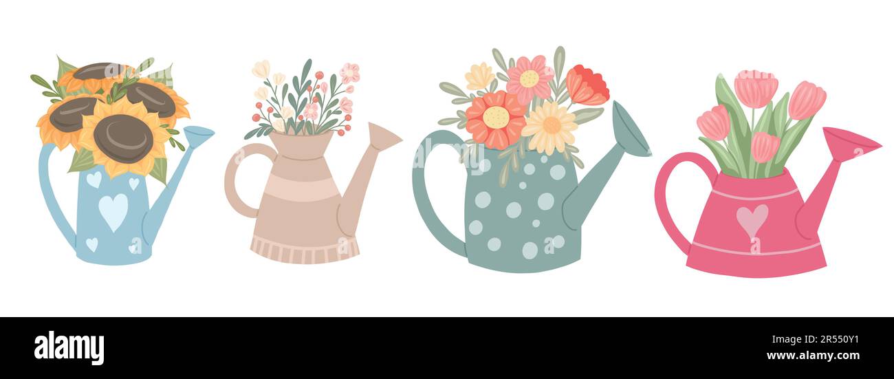 Vector set of various watering cans with bouquets of flowers. Summer ...