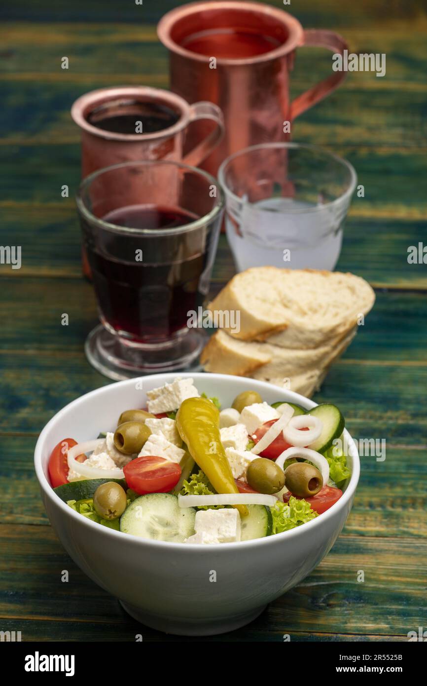 Greek Salad On Green Wood Stock Photo