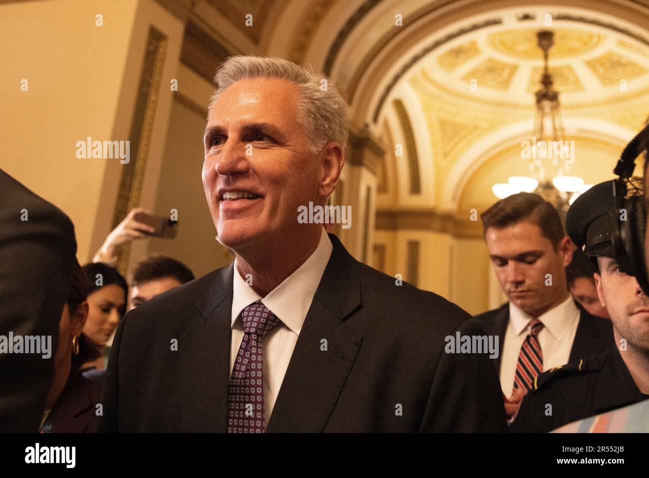 (230601) -- WASHINGTON, D.C., June 1, 2023 (Xinhua) -- U.S. House Speaker Kevin McCarthy speaks to the press in the Capitol building in Washington, DC May 31, 2023. The U.S. House of Representatives Wednesday passed a bill that lifts the federal government debt ceiling until Jan. 1, 2025. (Photo by Aaron Schwartz/Xinhua) Credit: Aaron Schwartz/Xinhua/Alamy Live News Stock Photo