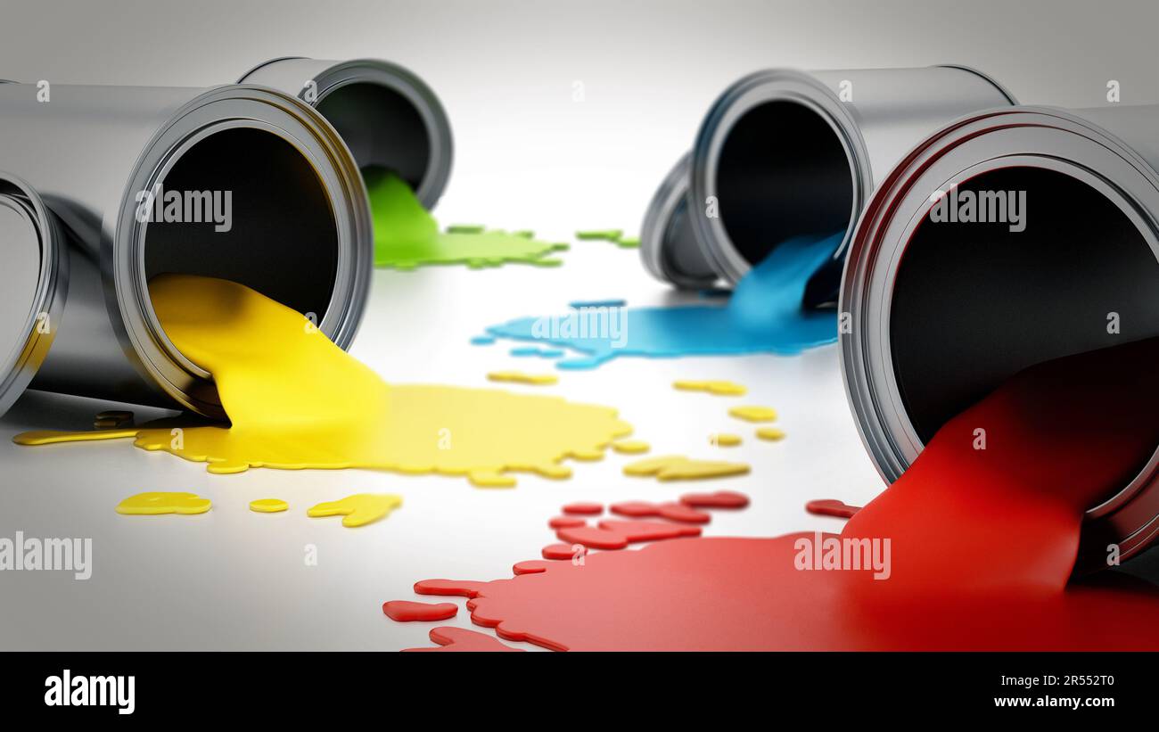 Open metal paint cans with spilled paints. 3D illustration Stock Photo