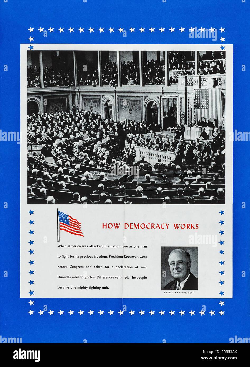 American World War II Propaganda (U.S. Government Printing Office, 1941) Informational Posters - 'How Democracy Works.' President Roosevelt before Congress Stock Photo