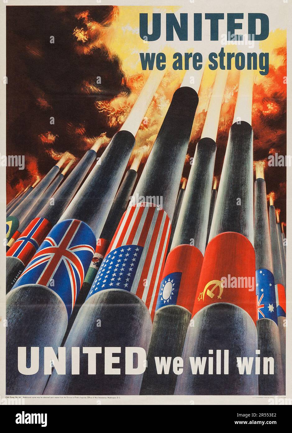 American World War II Propaganda (U.S. Government Printing Office, 1943). 'United We Are Strong' feat cannons firing Stock Photo