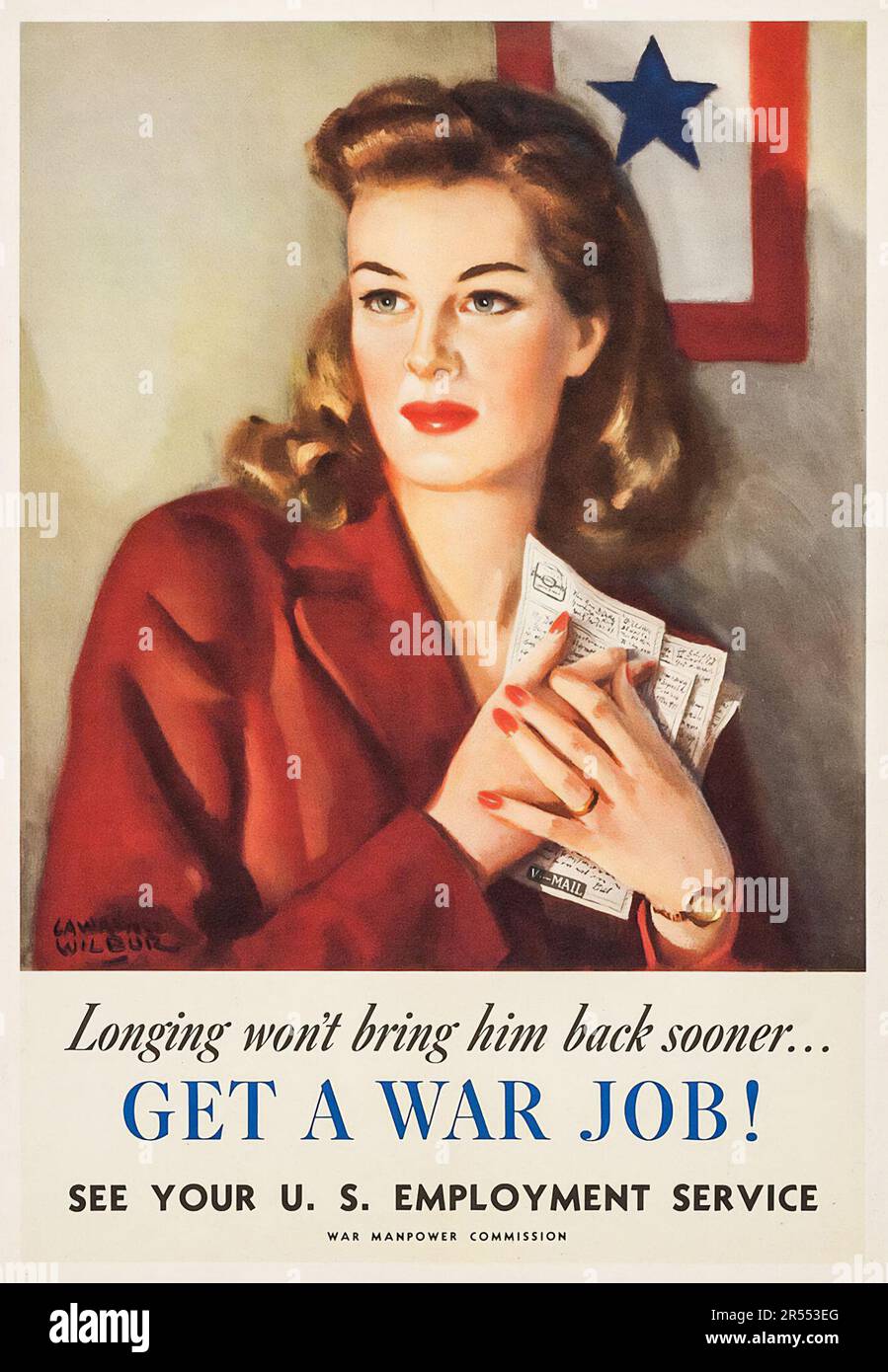 American World War II Propaganda (U.S. Government Printing Office, 1944). Propaganda Poster 'Get a War Job!' Artwork by Lawrence Wilbur Stock Photo
