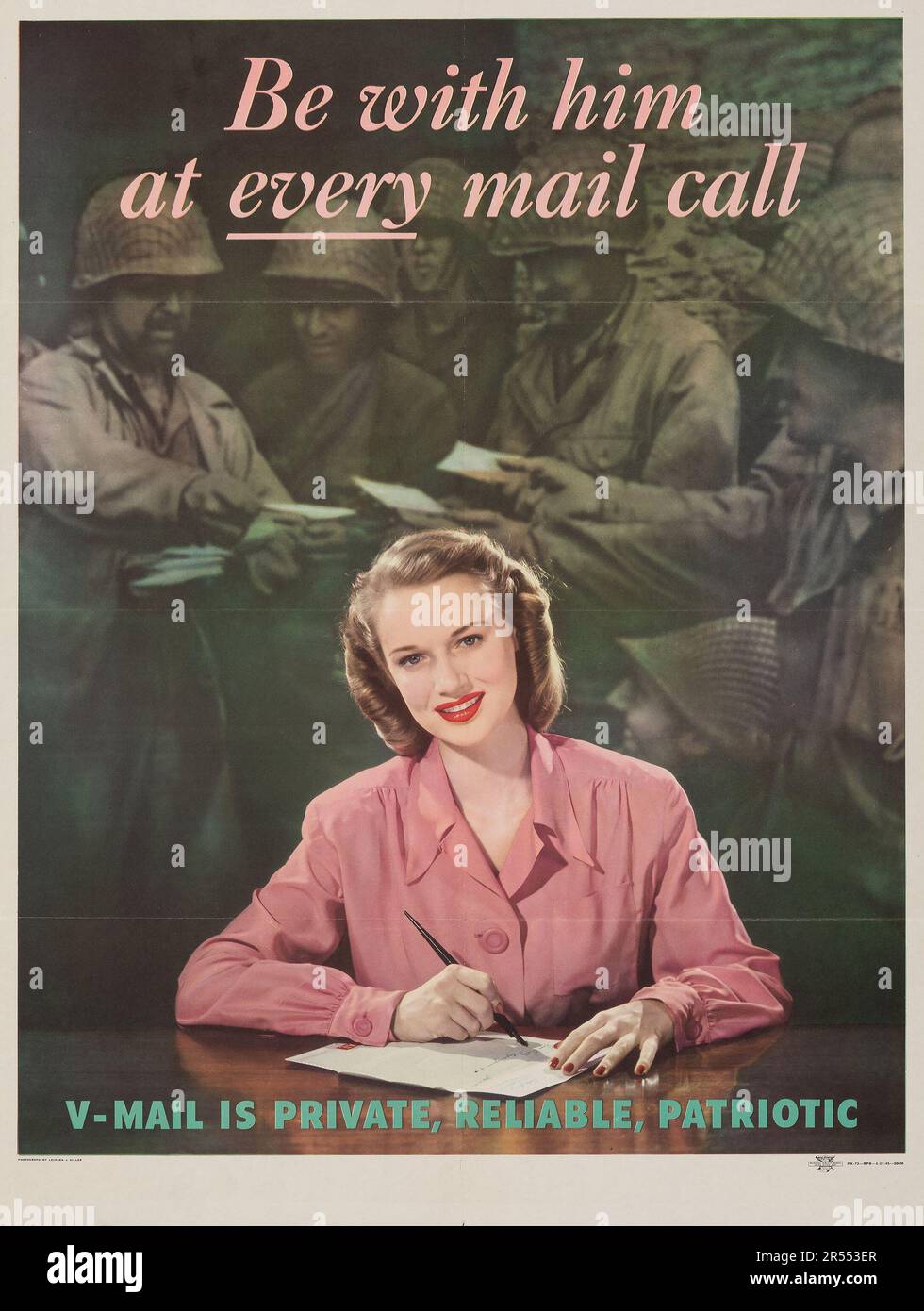 American World War II Propaganda (U.S. Government Printing Office, 1945). V-Mail Advertising Poster "Be With Him at Every Mail Call." Lejaren a Hiller Photography - Mail to the soldiers Stock Photo