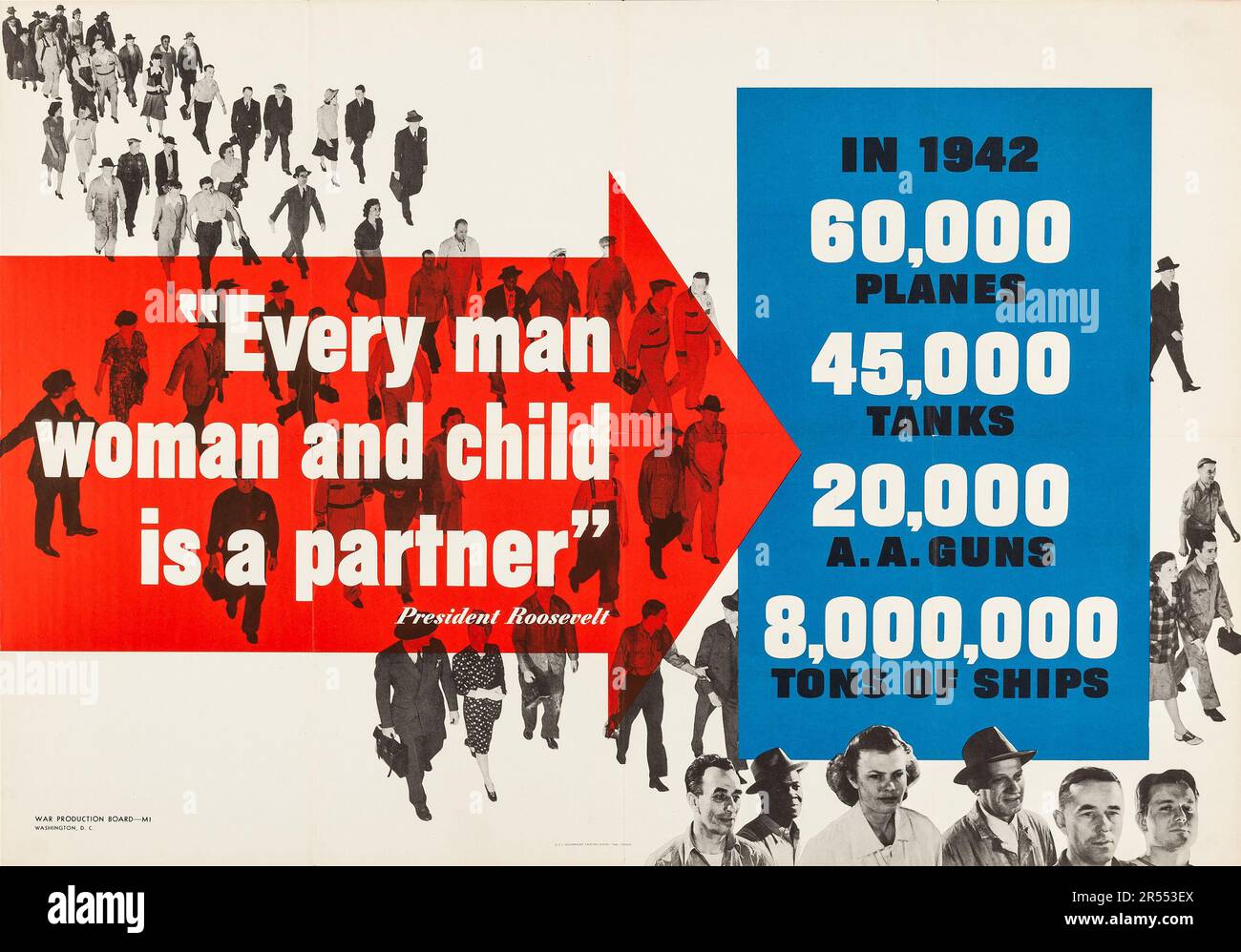 Every man woman and child is a partner - American World War II Propaganda (U.S. Government Printing Office, 1942) War Production Board Poster Stock Photo