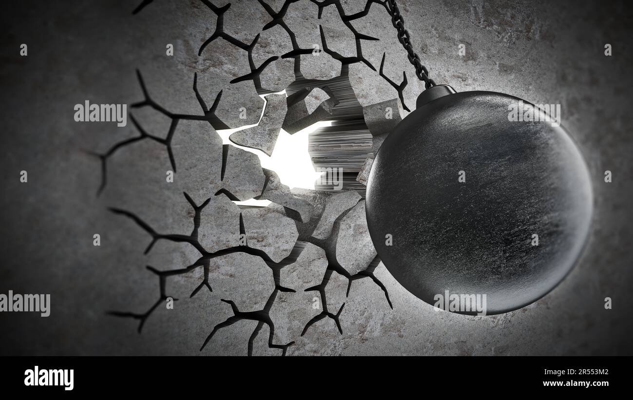 Wrecking ball demolishes old wall. 3D illustration. Stock Photo