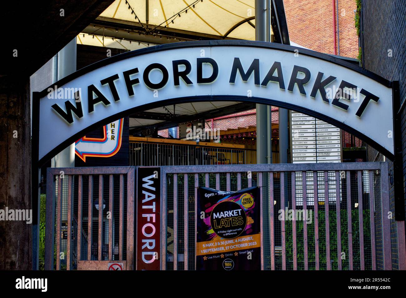 Watford Market Entrance sign, Watford, Herts, England, UK Stock Photo
