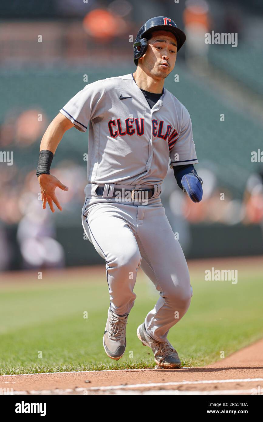 Baltimore, MD, USA; Cleveland Guardians left fielder Steven Kwan (38) runs and slides safely into third base during an MLB game against the Baltimore Stock Photo