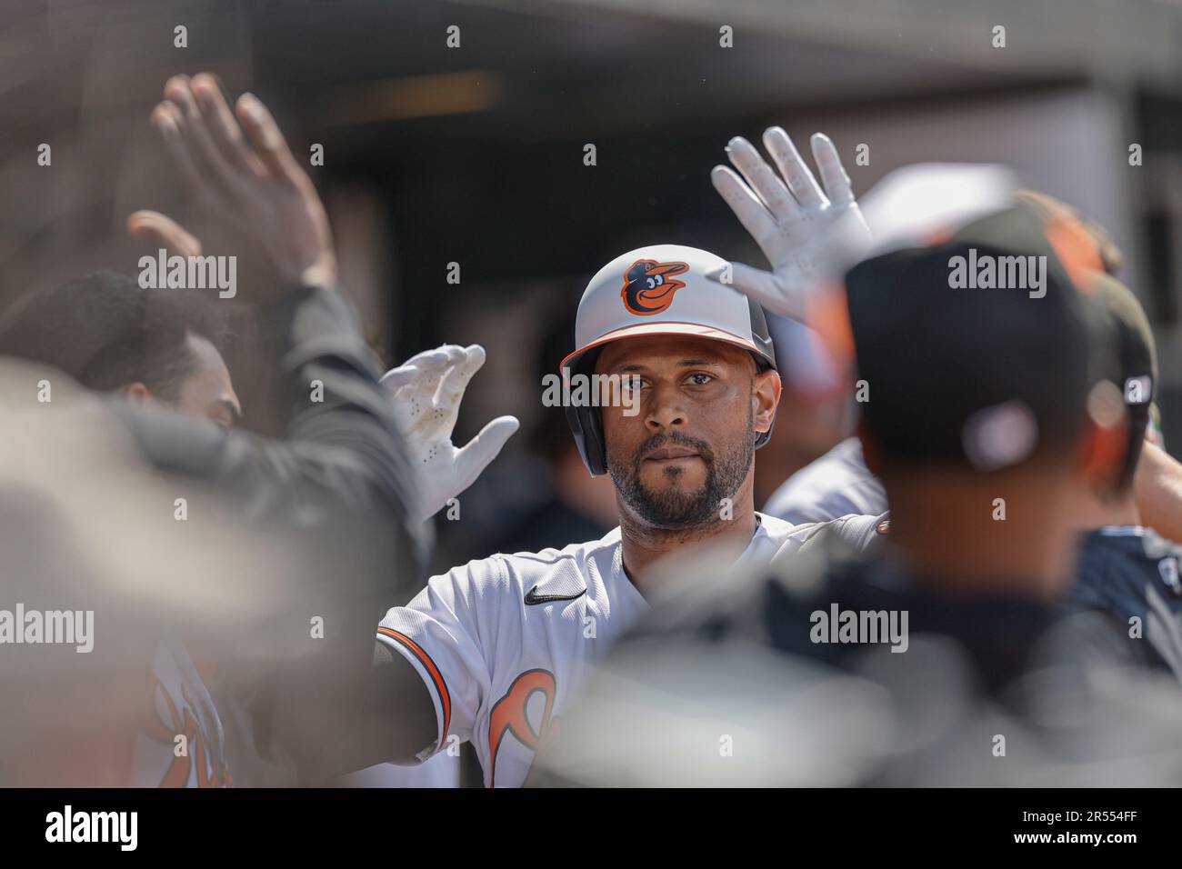 Baltimore, MD, USA; Baltimore Orioles center fielder Aaron Hicks (34) gets high fives in the dugout during an MLB game against the Cleveland Guardians Stock Photo