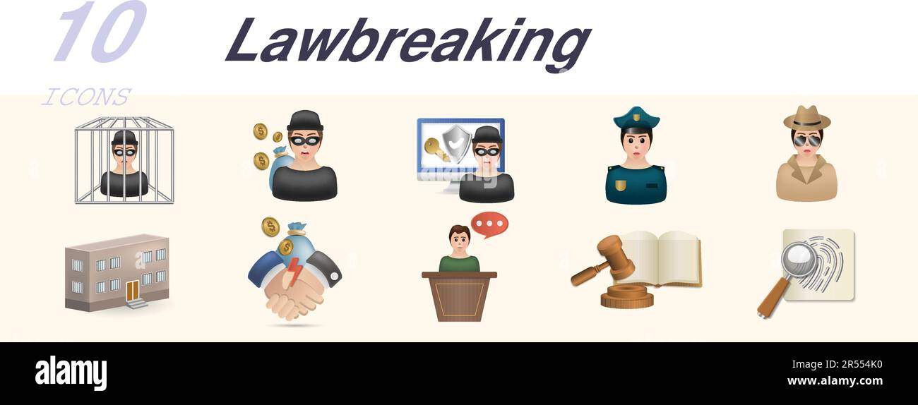 Lawbreaker set. Creative icons prisoner, thief, hacker, police officer