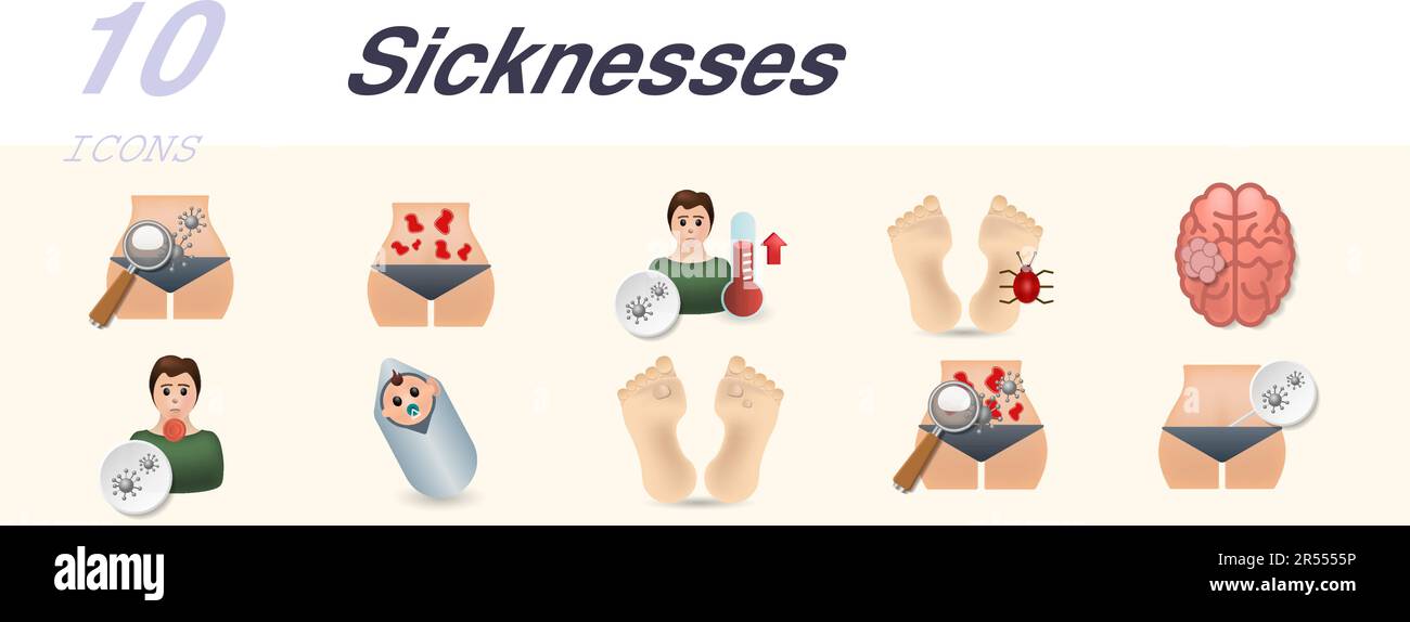Sicknesses set. Creative icons: typhoid fever, urticaria, viral fever ...
