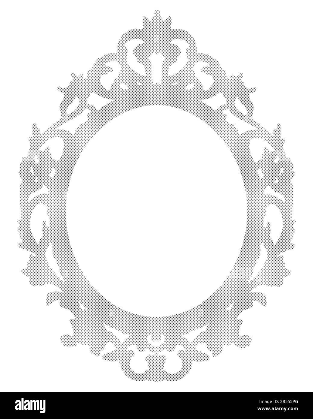 Dotted black silhouette of an old wooden baroque frame - concept image with central copy space on white background for easy selection. Stock Photo