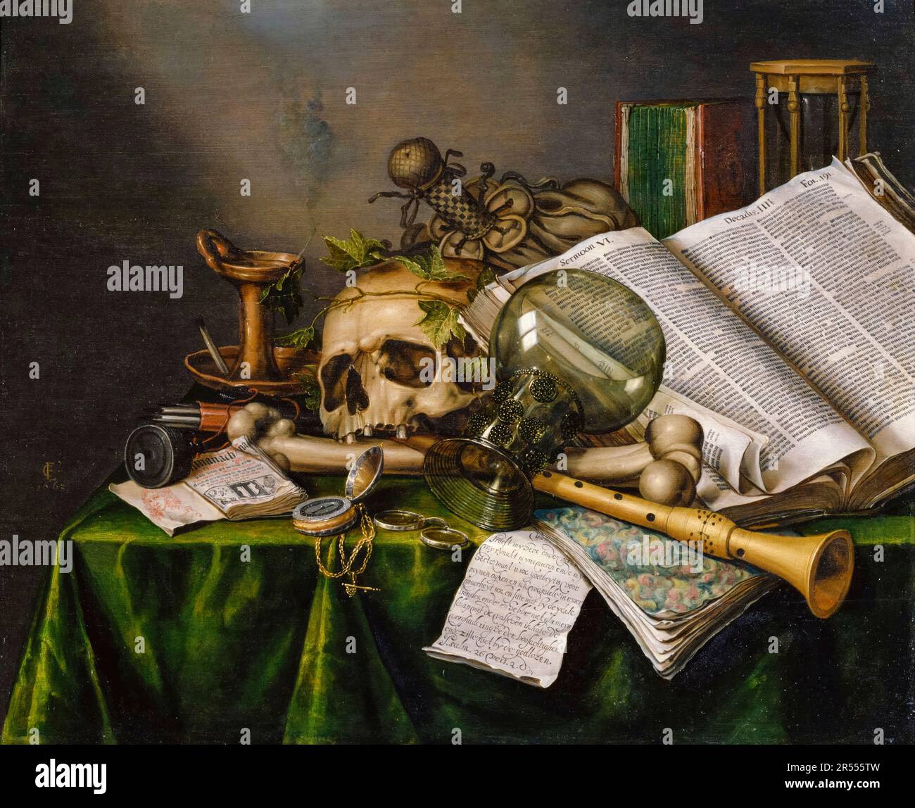 Evert Collier, Vanitas: Still Life with Books and Manuscripts and a Skull, painting 1663 Stock Photo