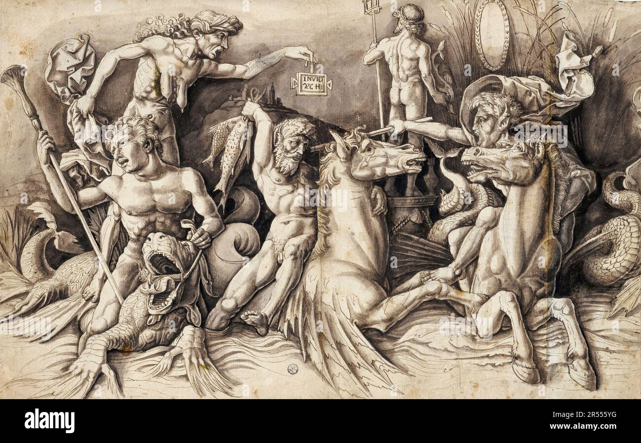 Andrea Mantegna, The Battle of the Sea Gods (the left half), engraving circa 1475 Stock Photo