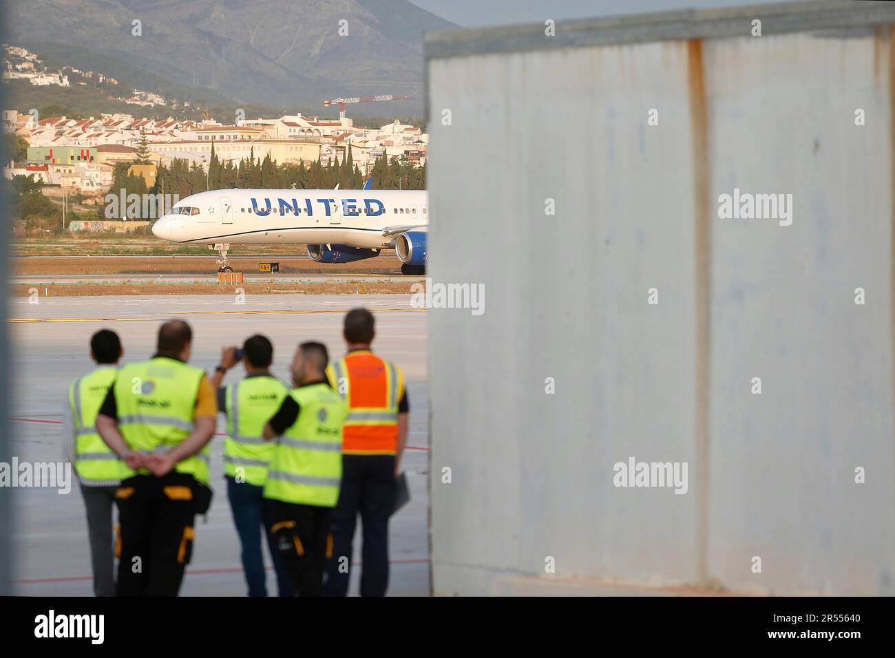 Arrival at the airport of the first flight of the new United Airlines  seasonal nonstop service to New York. On June 01, 2023 in Malaga  (Andalusia, Spain.United Airlines begins operating the new
