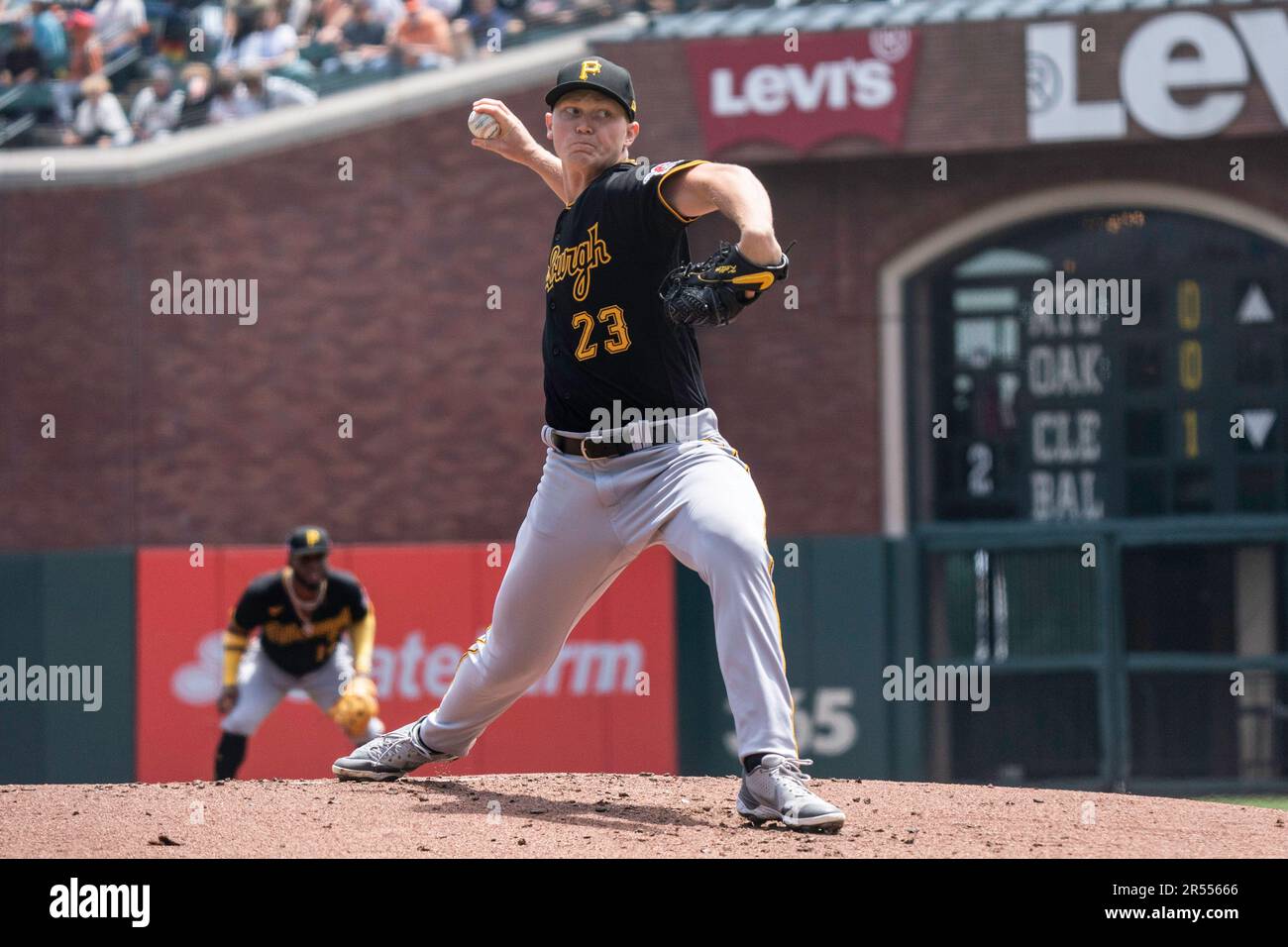 Pittsburgh Pirates starting pitcher Mitch Keller (23) throws during a MLB game against the San Francisco Giants, Wednesday, May 31, 2023, at Oracle Pa Stock Photo