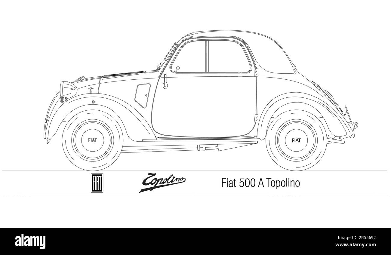 Italy, year 1936, Fiat 500 A Convertible Topolino, vintage historical car, silhouette outlined, illustration Stock Photo