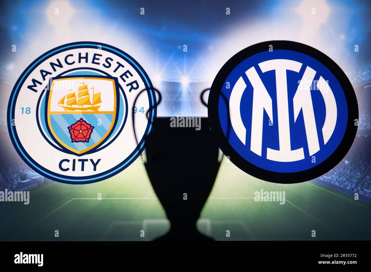 ISTANBUL, TURKEY, MAY 31, 2023: Football Showdown in Istanbul: Manchester City (ENG) Takes on Inter Milan (ITA) in UEFA Champions League Final 2023 at Stock Photo