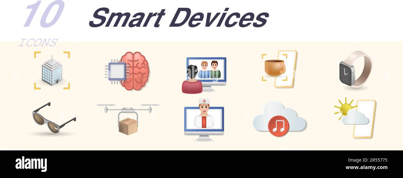Smart devices set. Creative icons: smart city, artificial intelligence, video streaming, smart coffee maker, smart watch, smart glasses, drone Stock Vector
