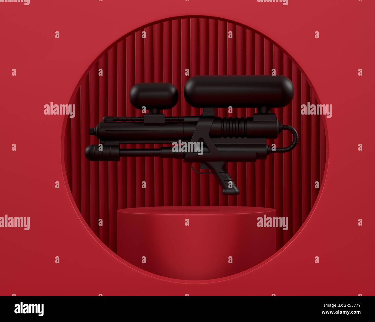 Plastic water gun toy on cylinder podium with steps on monochrome