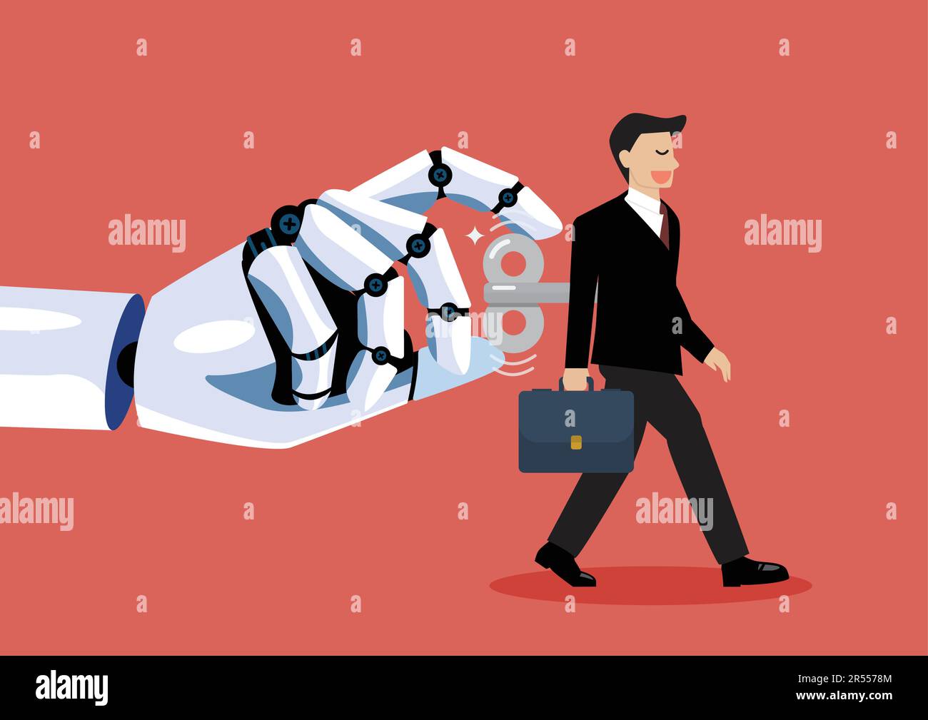 Robot hand turns on businessman with wind up key in his back. Digital disruption concept. Vector illustration Stock Vector