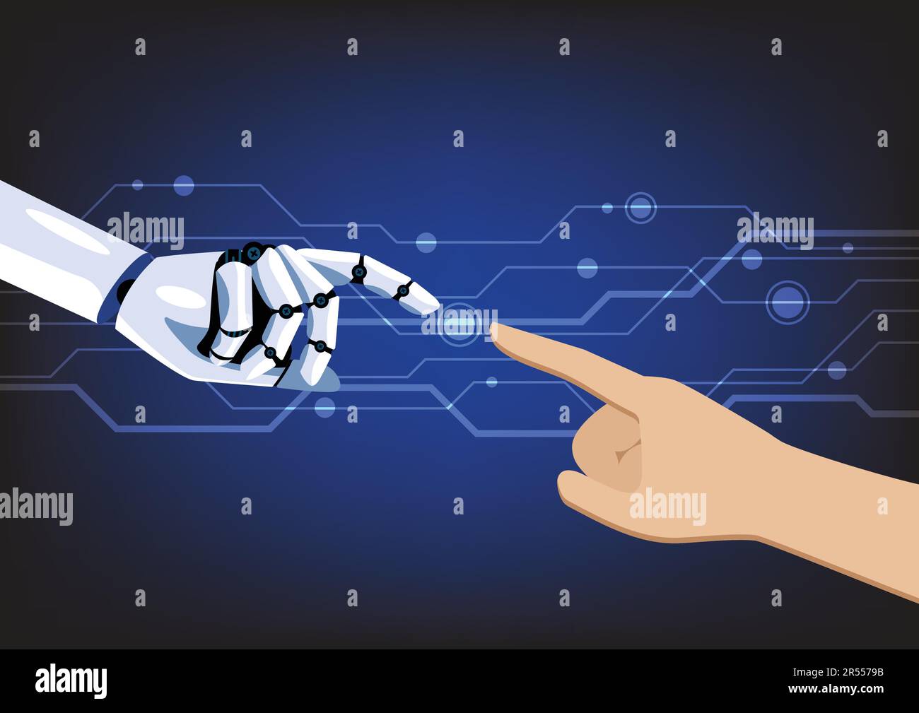 Artificial robot hand touch human hand. Symbol of connection and interaction. Artificial Intelligence. Vector illustration Stock Vector