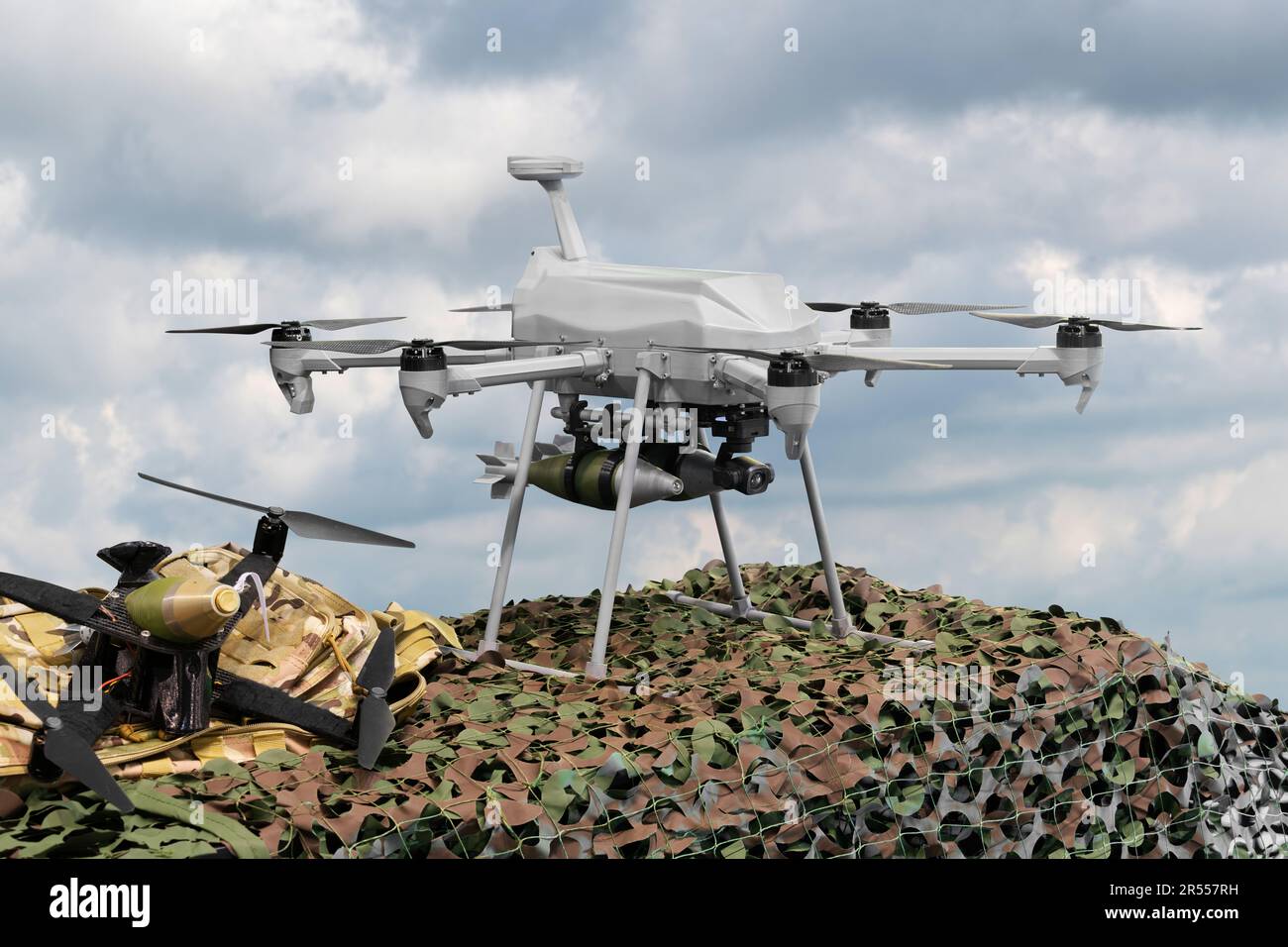 Military drone armed with bomb. High quality photo Stock Photo