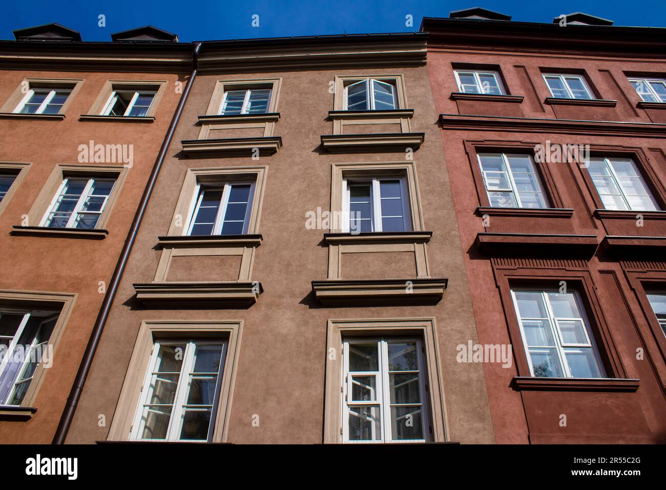 Warsaw, Poland May 28, 2023 Facade of restored medieval building around Stary Rynek, Old Town