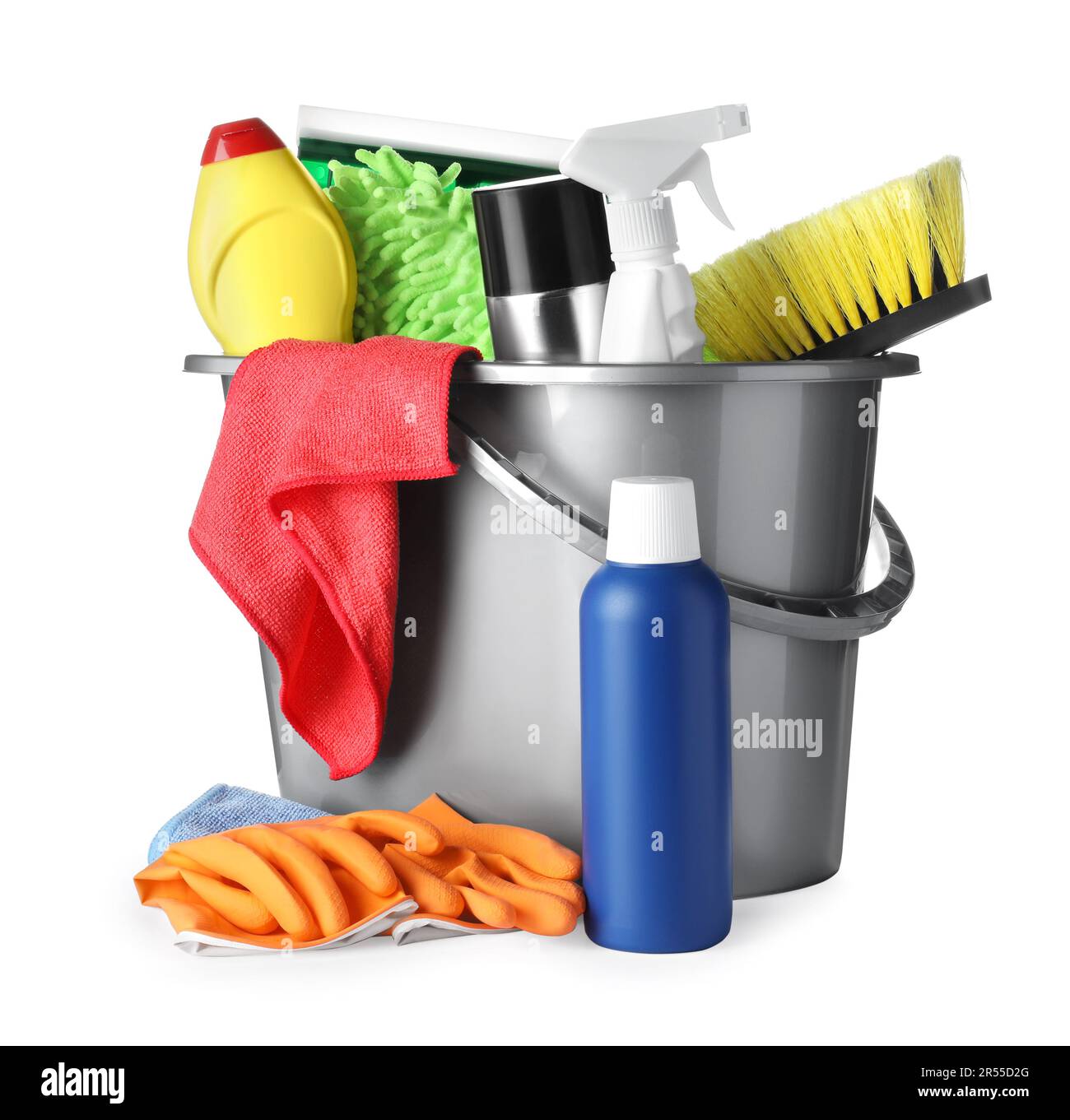 Grey bucket and many different car wash products on white background