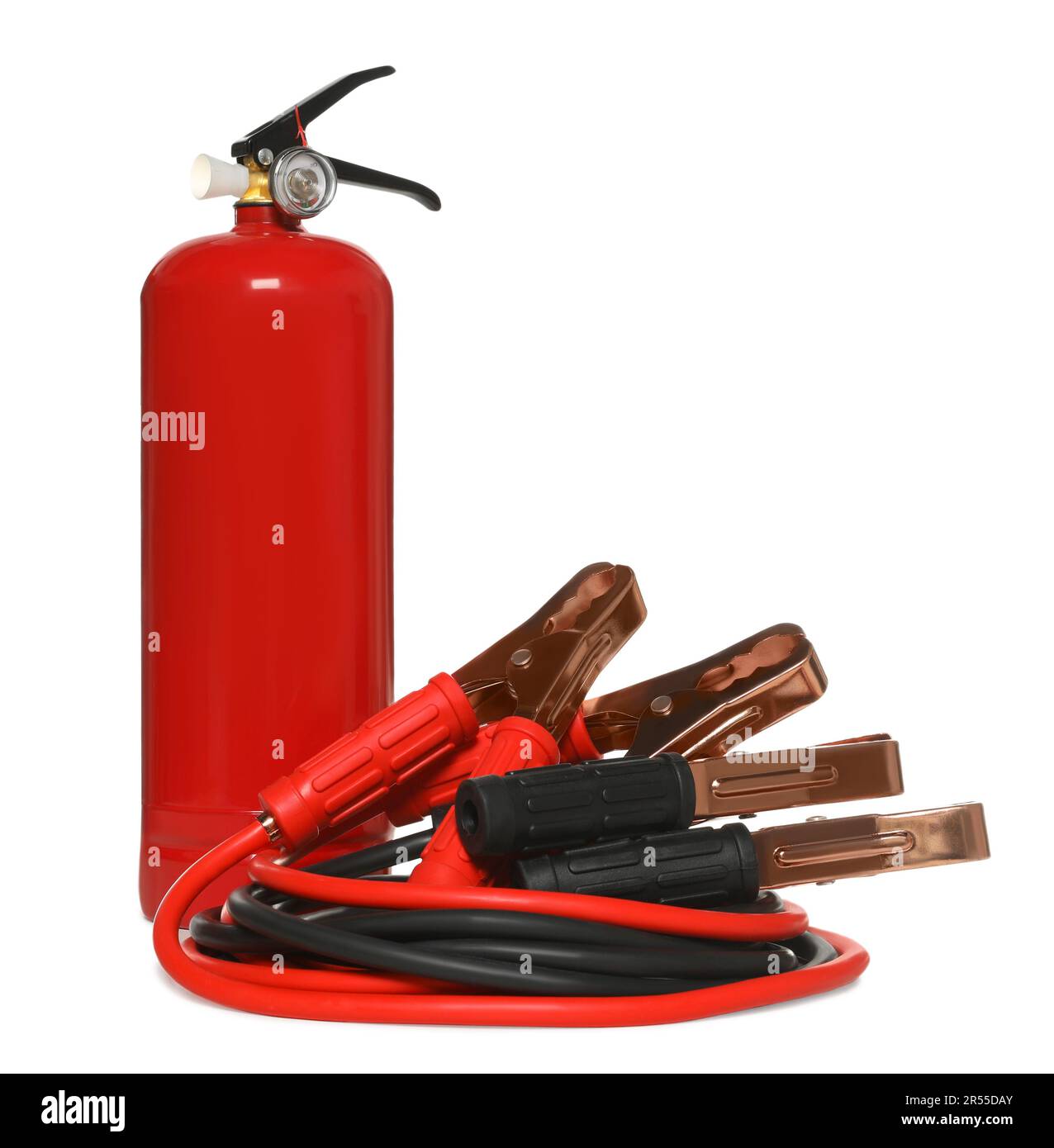 Red fire extinguisher and battery jumper cables on white background