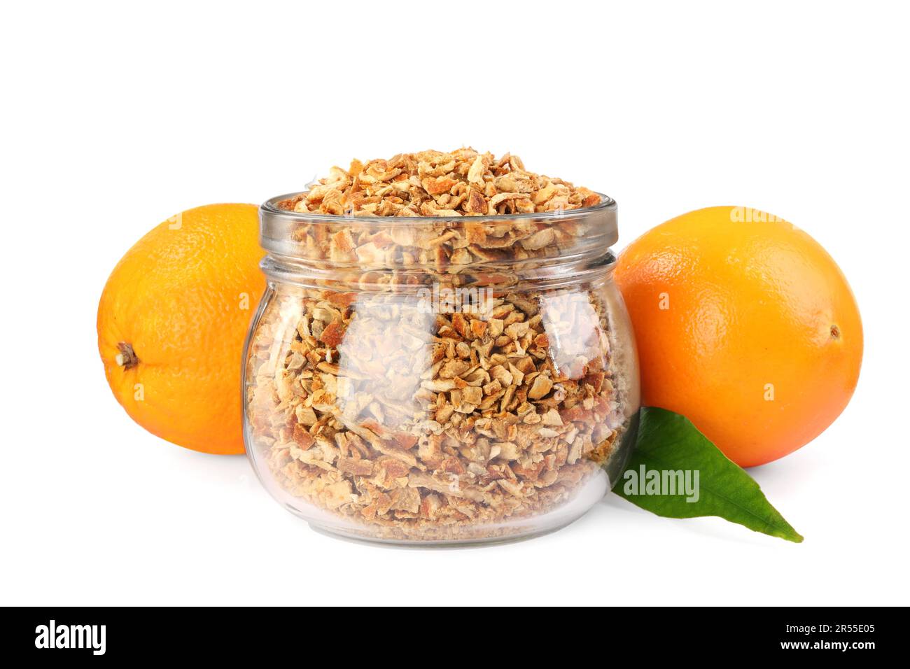 Jar of dried orange zest seasoning and fresh fruits isolated on white ...