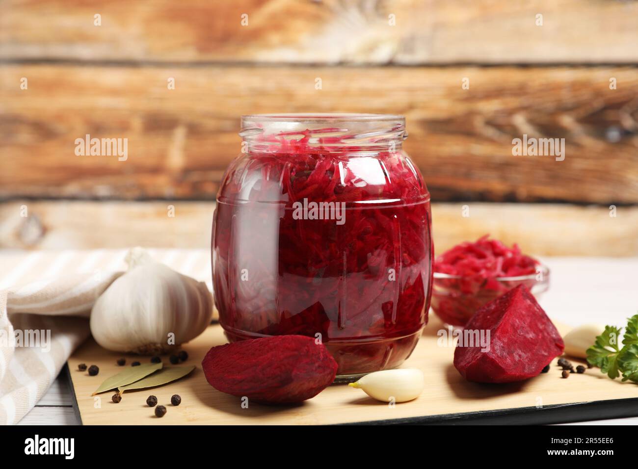 Jar with delicious pickled beetroot and spices on table Stock Photo Alamy