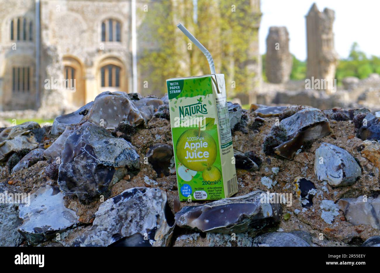 An empty Apple Juice carton with paper straw left on wall ruins at Binham Priory in North Norfolk at Binham, Norfolk, England, United Kingdom. Stock Photo