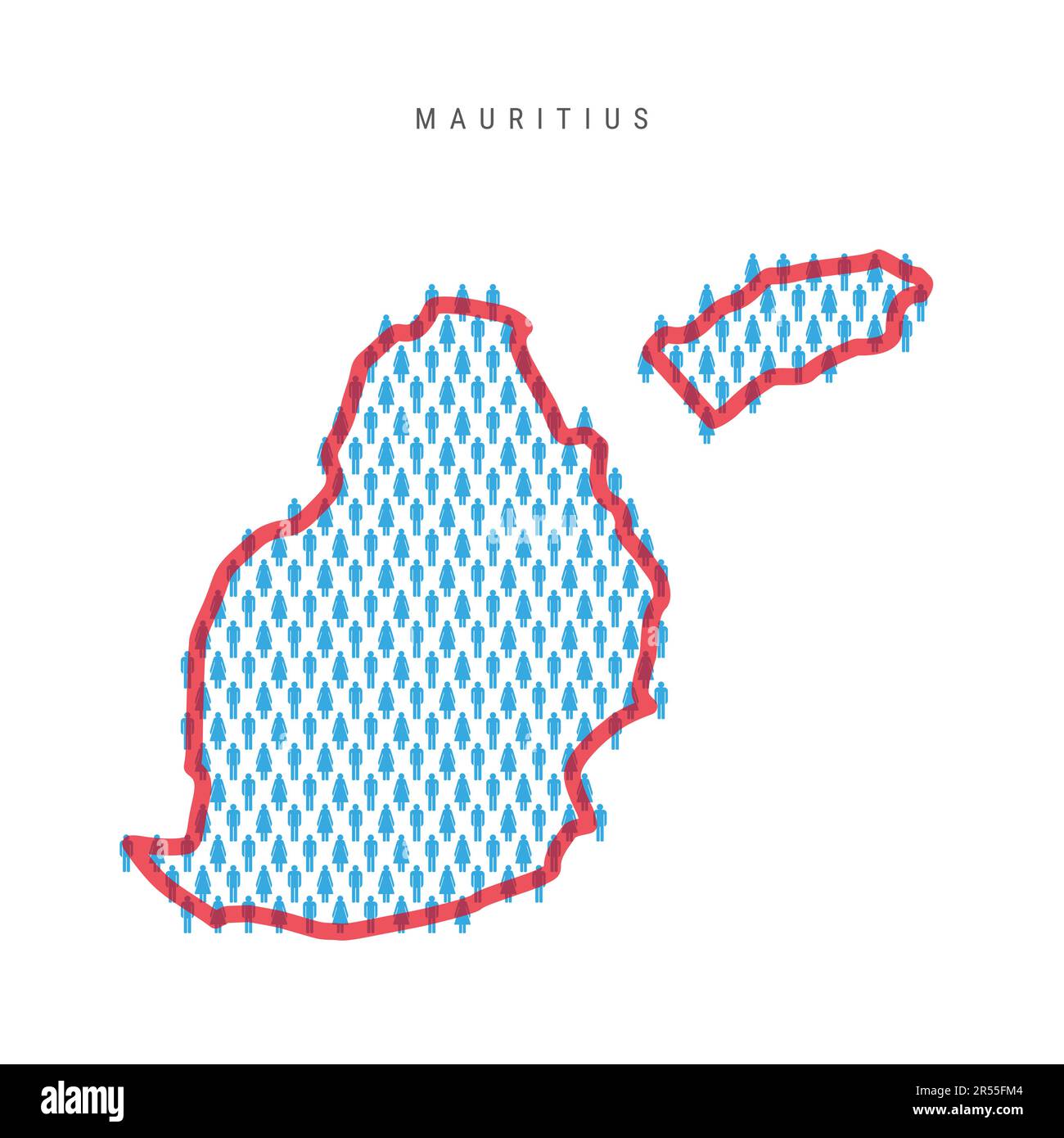 Mauritius population map. Stick figures Mauritian people map with bold red translucent country border. Pattern of men and women icons. Isolated vector Stock Vector