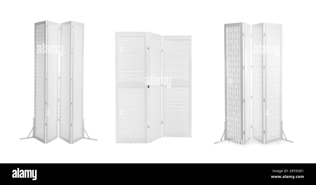 Set with different wooden folding screens on white background Stock