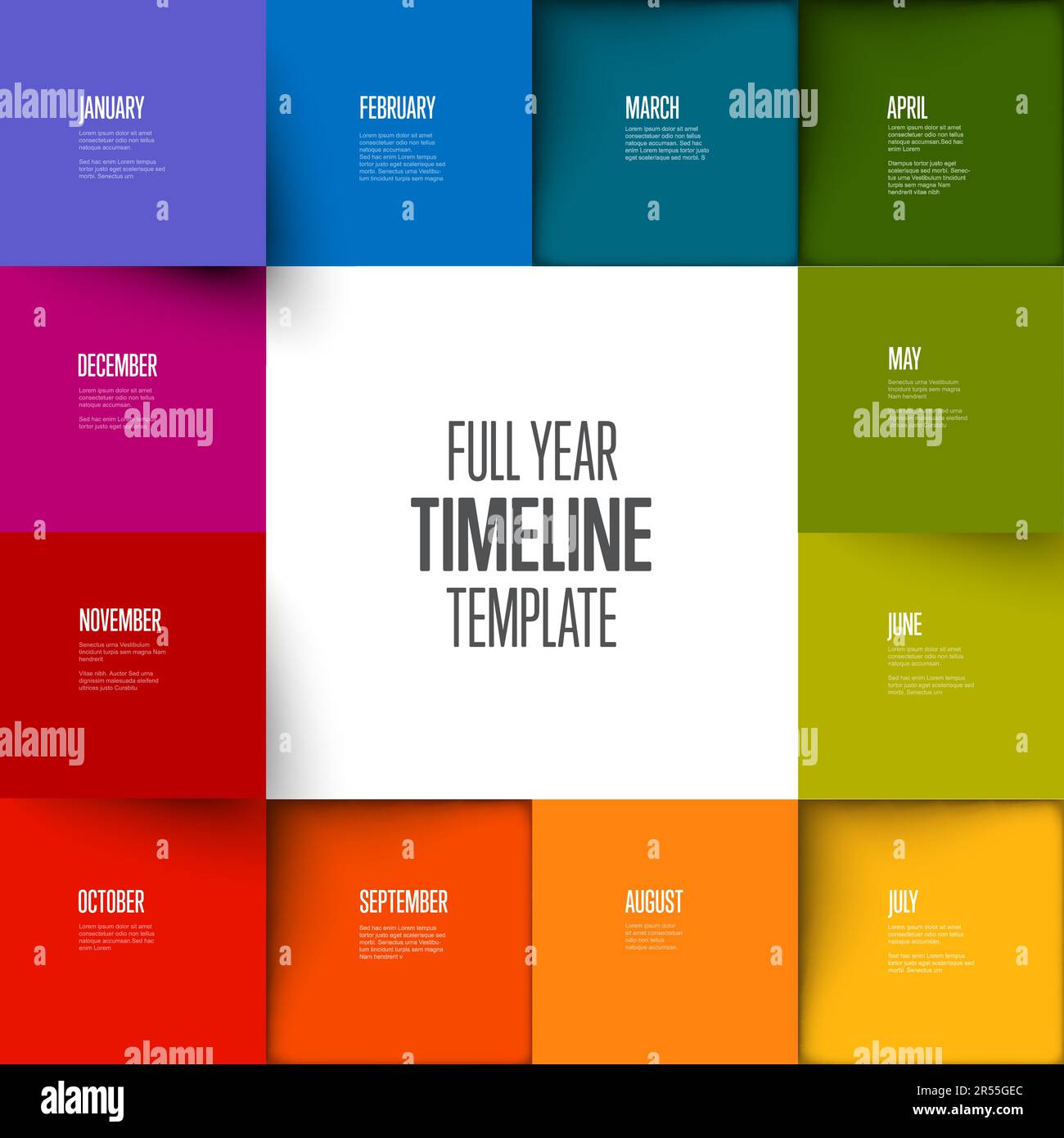 Full year timeline template with all rainbow colored months as squares